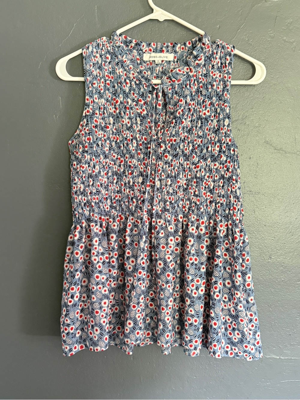 Rose & Olive Light Blue Floral Smocked Blouse with Red Accents